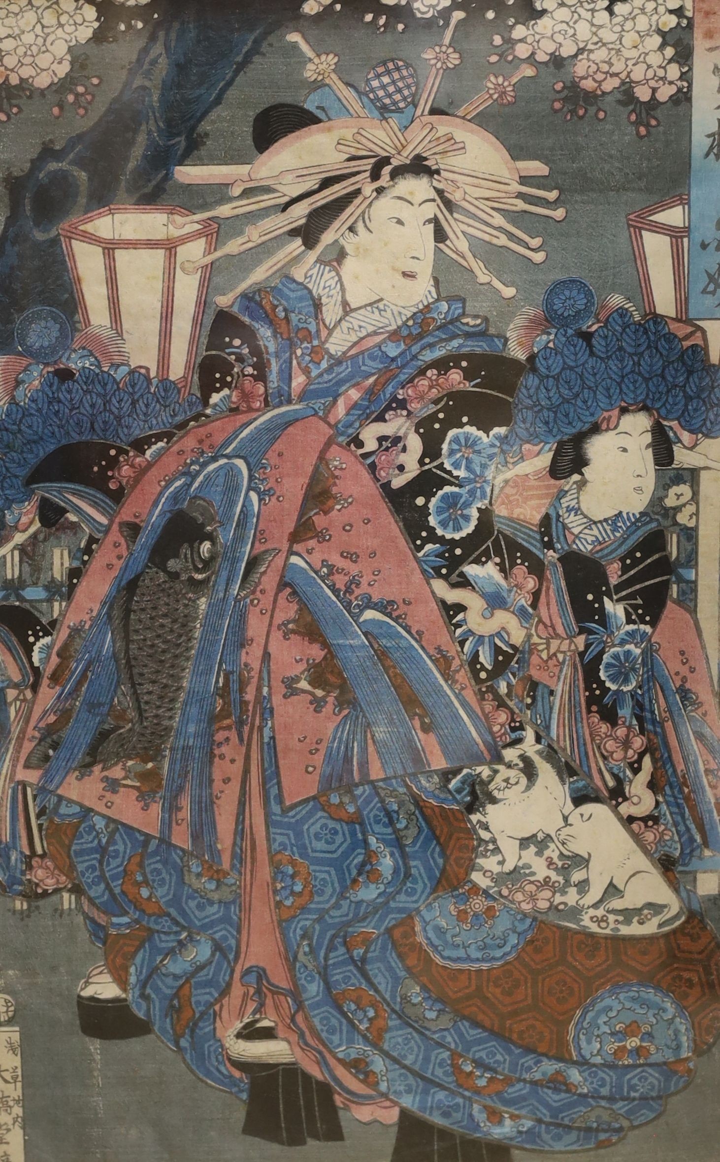 Japanese School, two woodblock prints, Woman with fan and Woman with attendant, largest 35 x 22cm